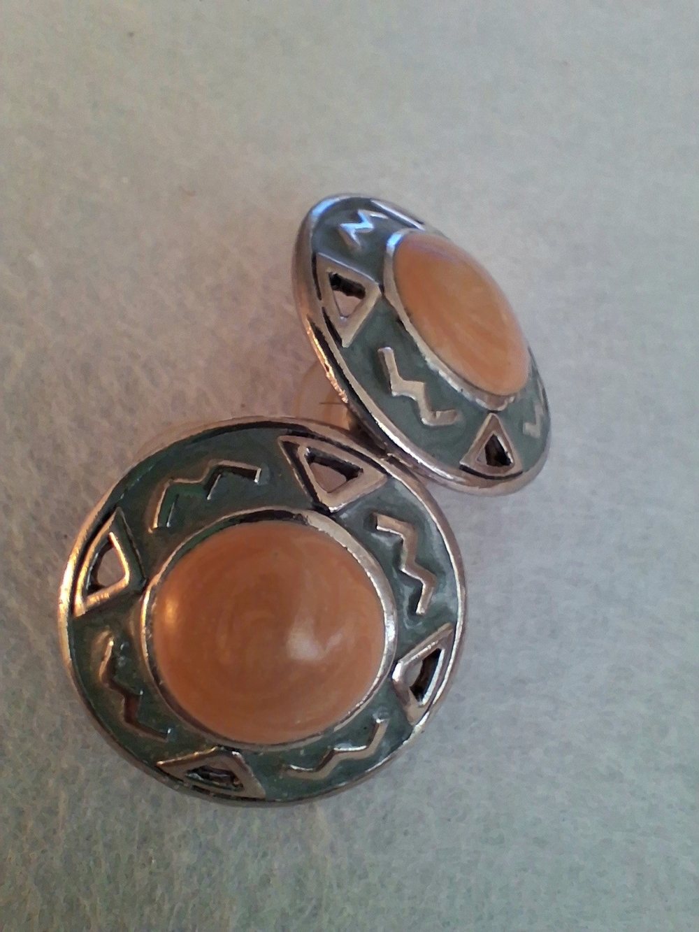 Silver Tan/ Peach w/ Muted Turquoise Color  Stud Earrings Southwest Inspired - Picture 2 of 6